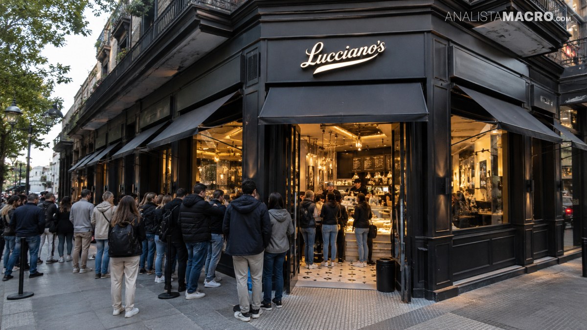 Personas hacen fila frente a un establecimiento negro llamado Lucciano’s, con grandes ventanales y el interior iluminado.