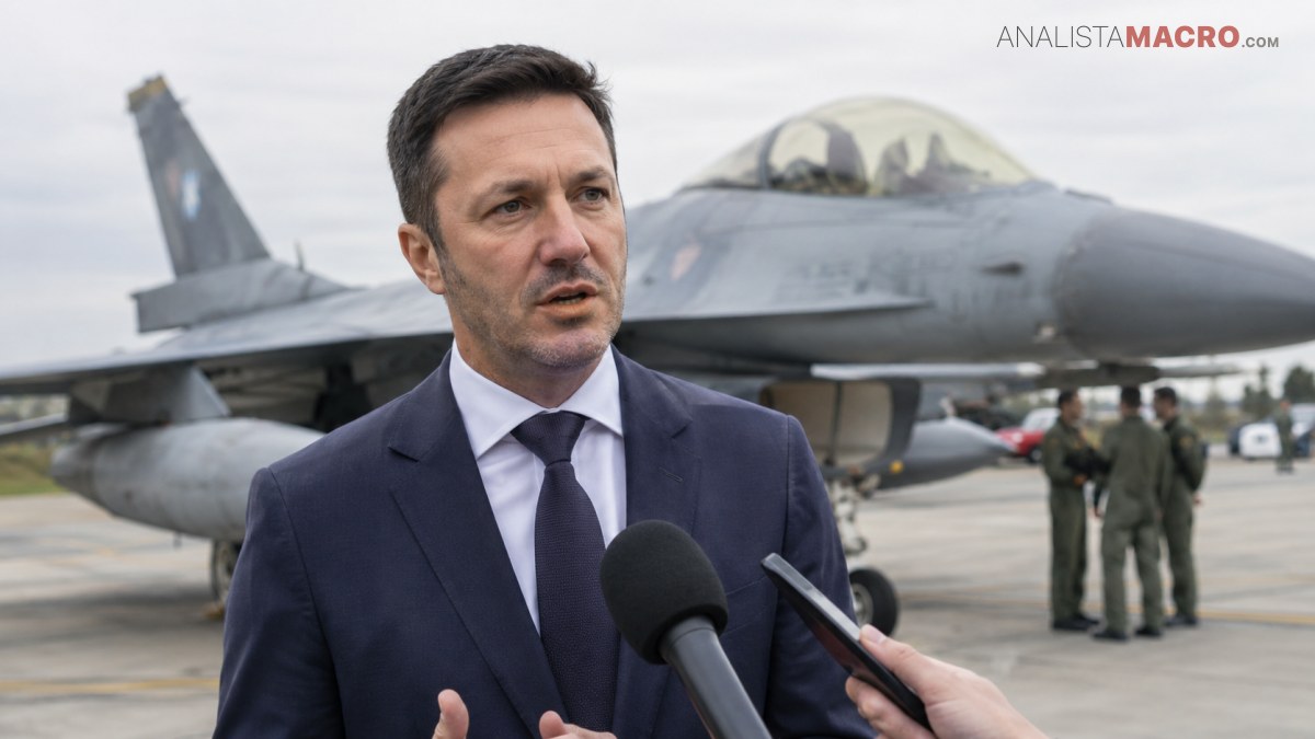 Hombre con traje y corbata habla ante micrófonos, con un avión de combate y varias personas uniformadas al fondo.
