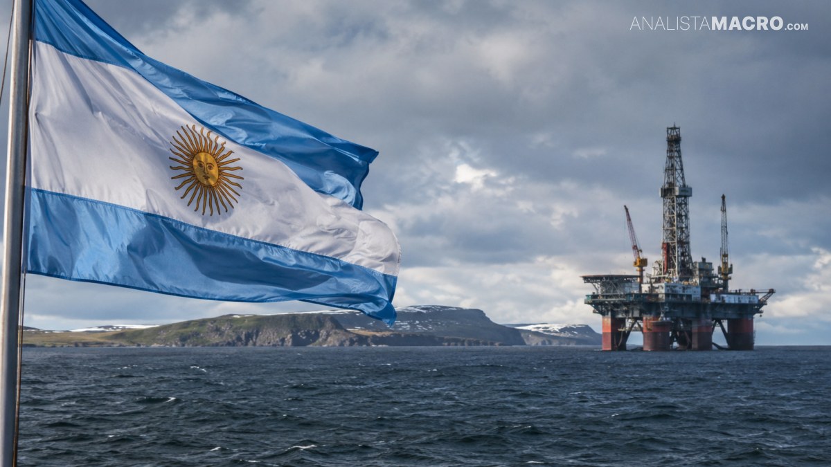 Una bandera argentina ondea frente a una plataforma petrolera marina, con montañas nevadas y cielo nublado al fondo.