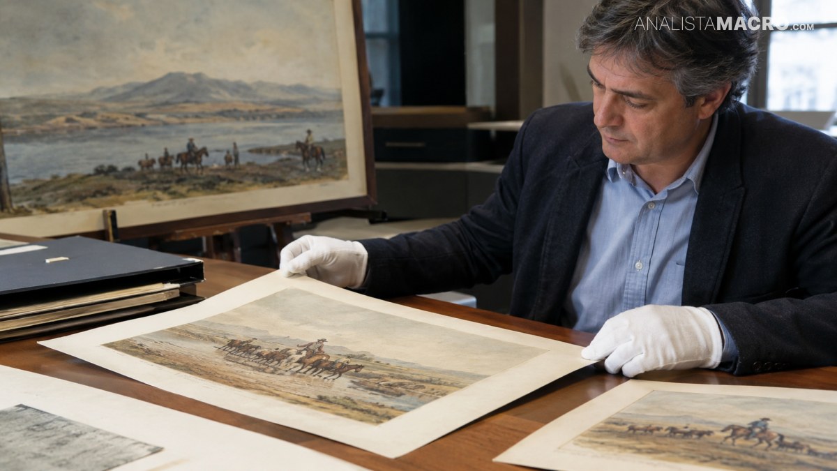 Un hombre con guantes blancos examina documentos ilustrados sobre una mesa, rodeado de otras láminas y carpetas.
