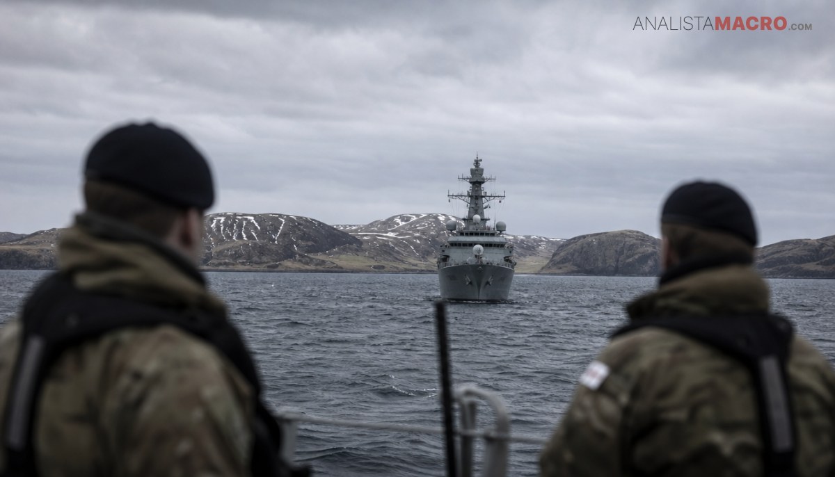 Dos personas uniformadas observan un buque militar en aguas tranquilas, con montañas nevadas y cielo nublado al fondo.