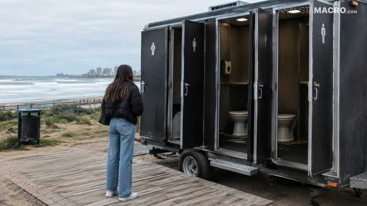 Una mujer observa un remolque de baños portátiles junto a un paseo de madera frente al mar.