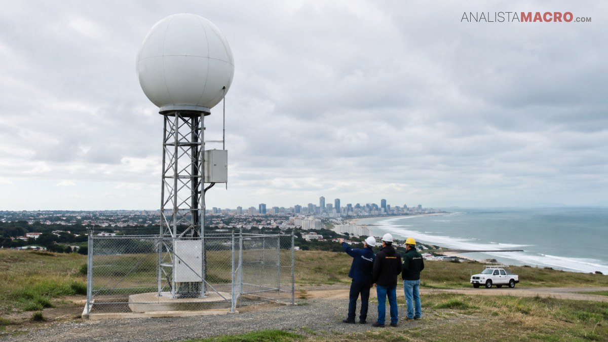 Tres personas observan una antena con cúpula esférica junto a la costa, mientras un vehículo permanece estacionado cerca.