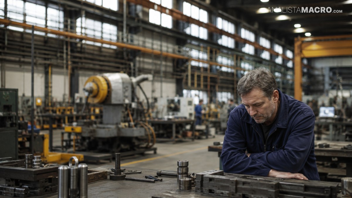 Hombre con uniforme azul observa una pieza metálica sobre una mesa de trabajo dentro de una fábrica industrial.