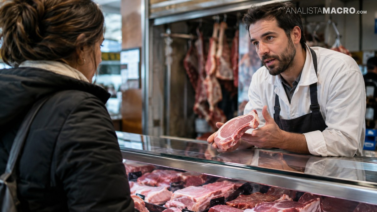 Un carnicero muestra un corte de carne a una clienta detrás de un mostrador refrigerado con diversos productos cárnicos.