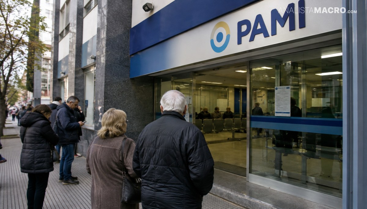 Personas hacen fila frente a la entrada de una oficina PAMI en un edificio urbano.