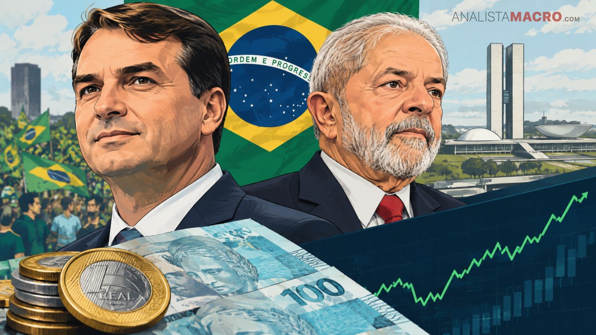 Dos hombres con traje aparecen frente a la bandera brasileña, junto a billetes, monedas y un gráfico financiero ascendente.