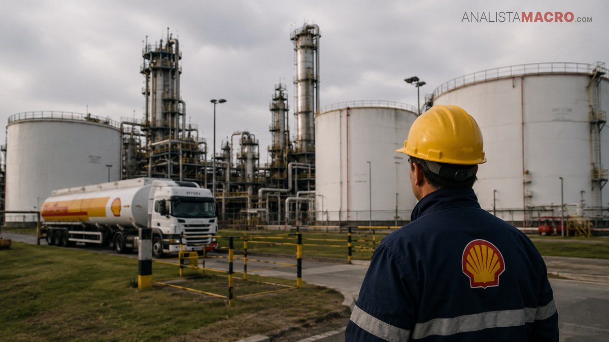 Trabajador con casco amarillo observa una planta industrial mientras un camión cisterna circula frente a grandes tanques de almacenamiento.