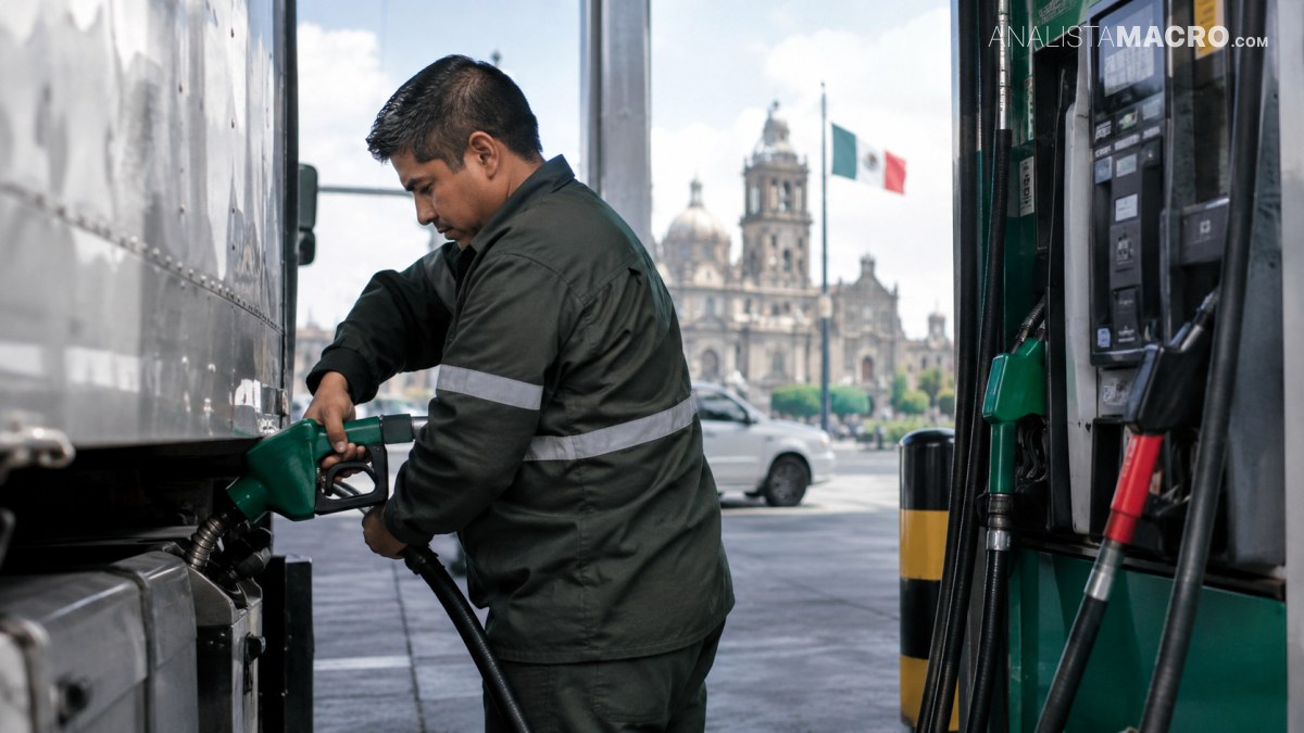 Un trabajador carga combustible a un camión mientras una catedral y una bandera mexicana se observan al fondo.