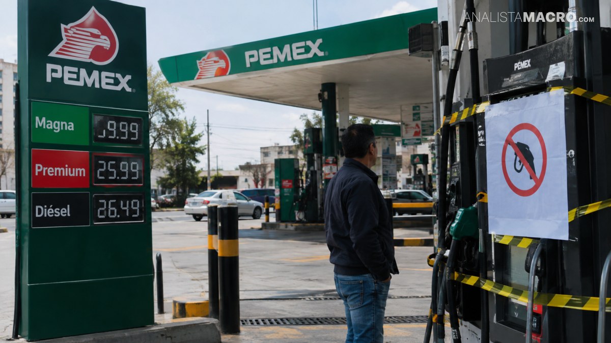 Estación de servicio Pemex con precios de combustibles visibles y un dispensador acordonado con señal de prohibición.
