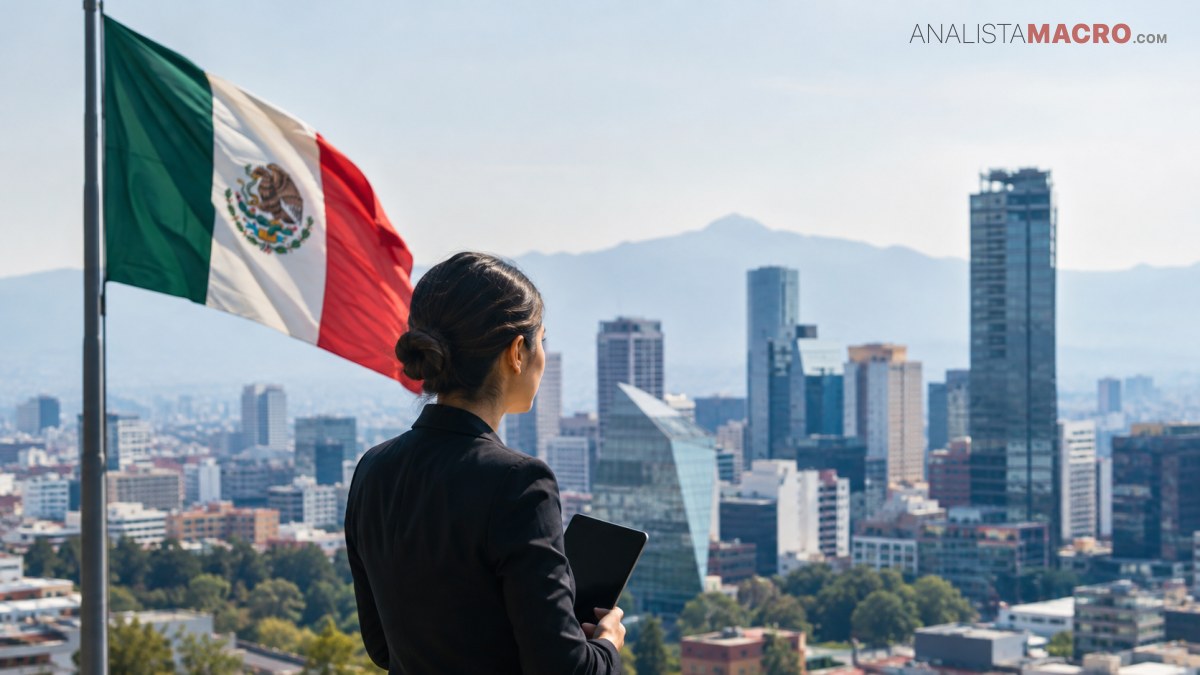 Mujer de espaldas sostiene una tableta frente a una bandera mexicana y un paisaje urbano con edificios altos.