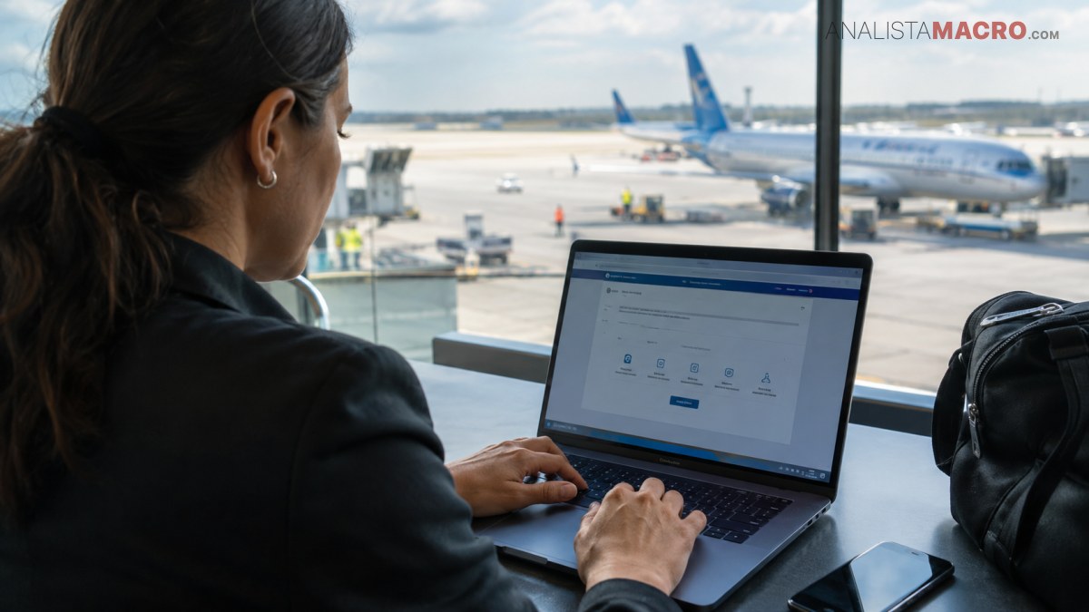 Persona trabajando en una computadora portátil junto a una ventana, con aviones y vehículos visibles en una pista aeroportuaria.