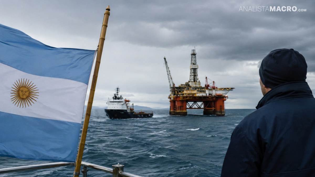 Una bandera argentina ondea frente a una plataforma petrolera marina, barcos y una persona observando bajo un cielo nublado.
