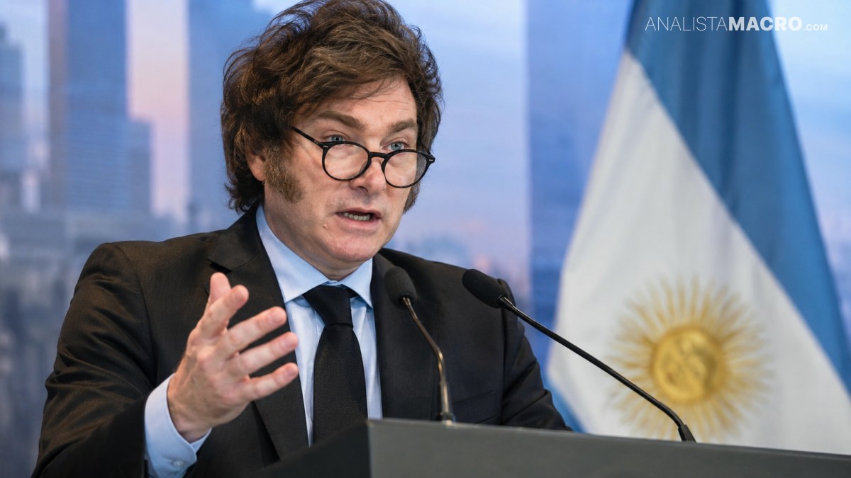 Hombre con gafas y traje negro habla ante un micrófono, gesticulando frente a una bandera argentina.
