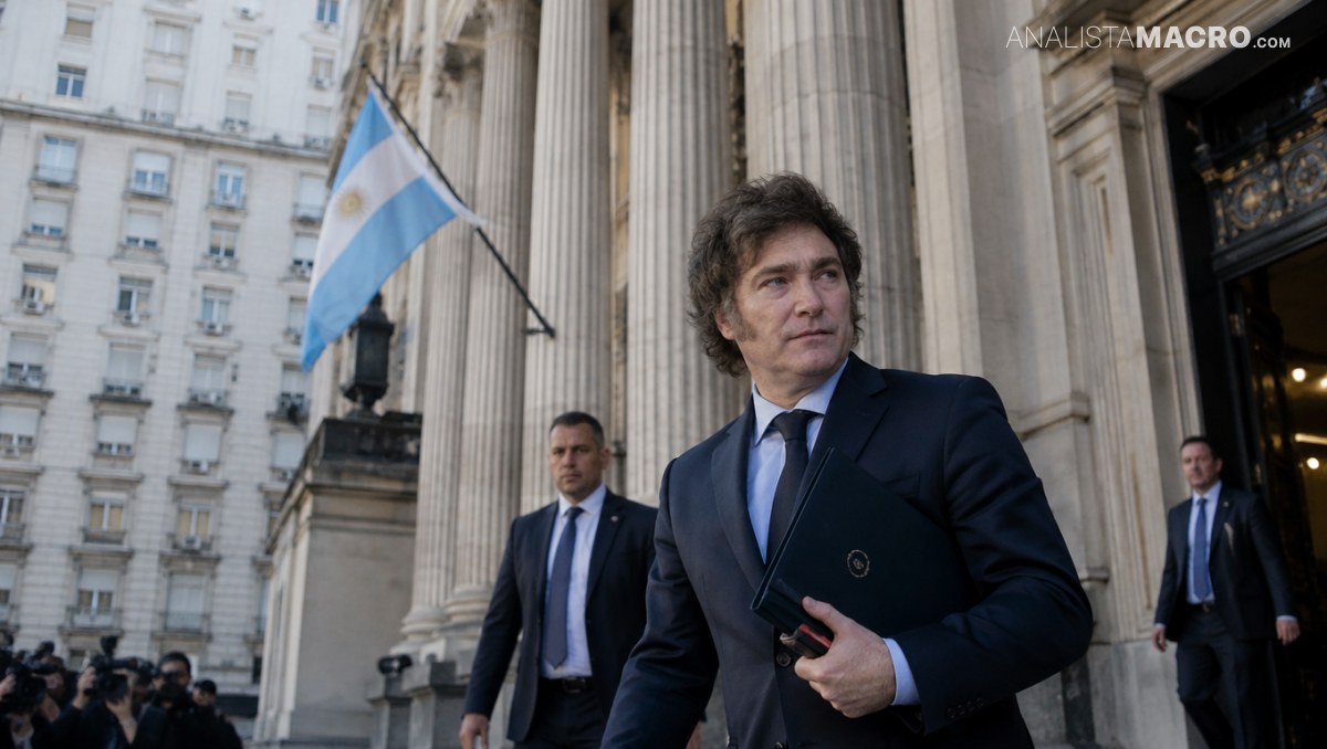 Hombre con traje oscuro sostiene una carpeta frente a un edificio con columnas, acompañado por varias personas y una bandera argentina.