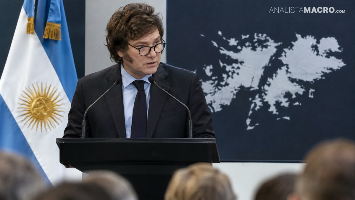 Un hombre con gafas habla ante un atril, con una bandera argentina a su lado y un mapa en la pantalla detrás.