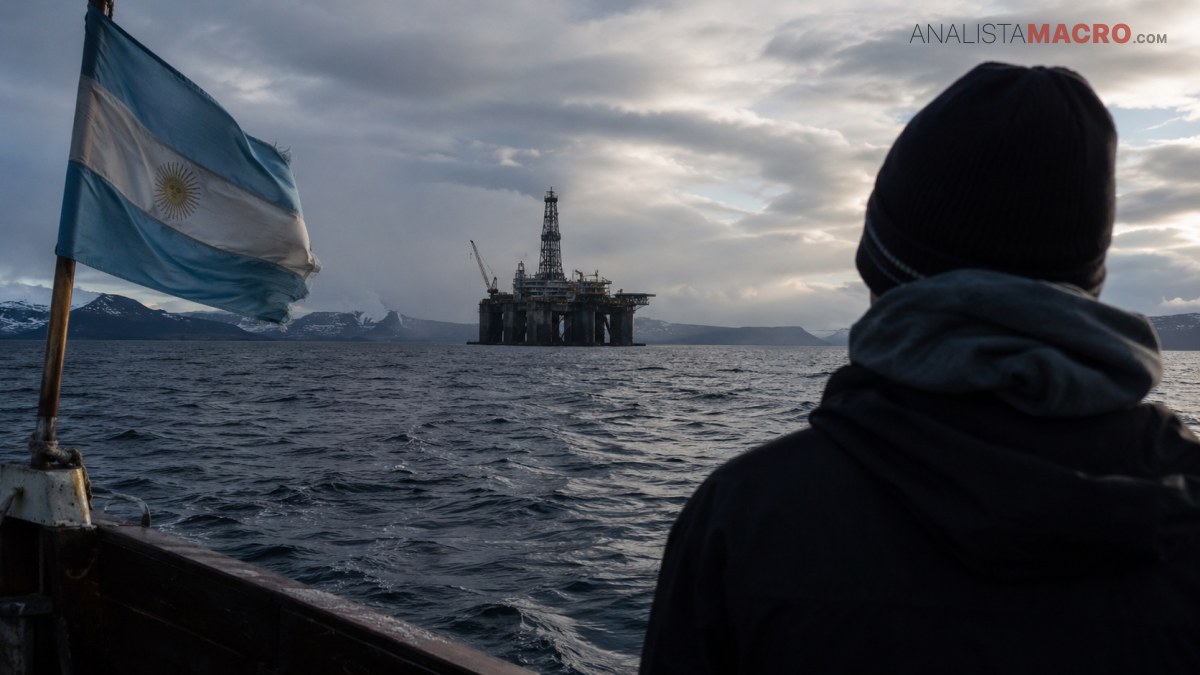 Una persona observa una plataforma petrolera mar adentro desde una embarcación, junto a una bandera argentina ondeando.