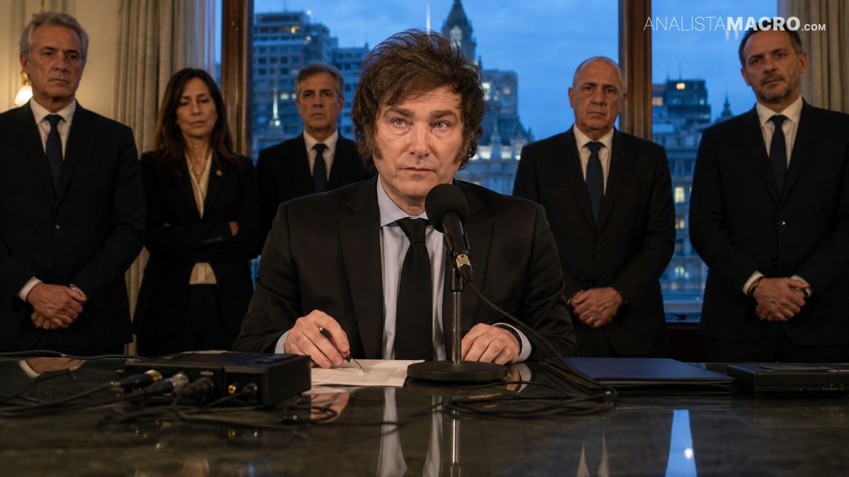Hombre de cabello despeinado habla ante un micrófono, acompañado por cinco personas vestidas formalmente en una sala con ventanales urbanos.