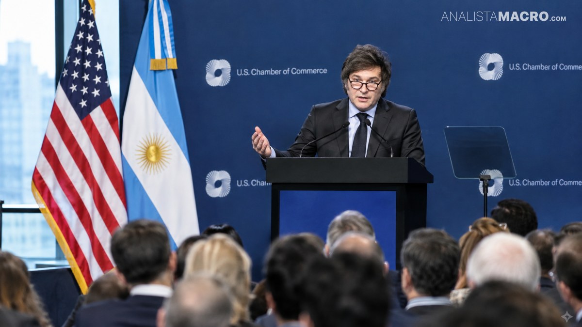 Hombre con gafas habla desde un atril ante un público, junto a las banderas de Estados Unidos y Argentina.