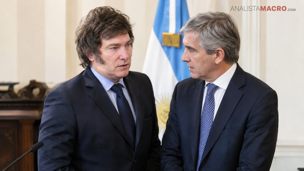 Dos hombres con traje conversan de pie frente a una bandera celeste y blanca en un salón interior.