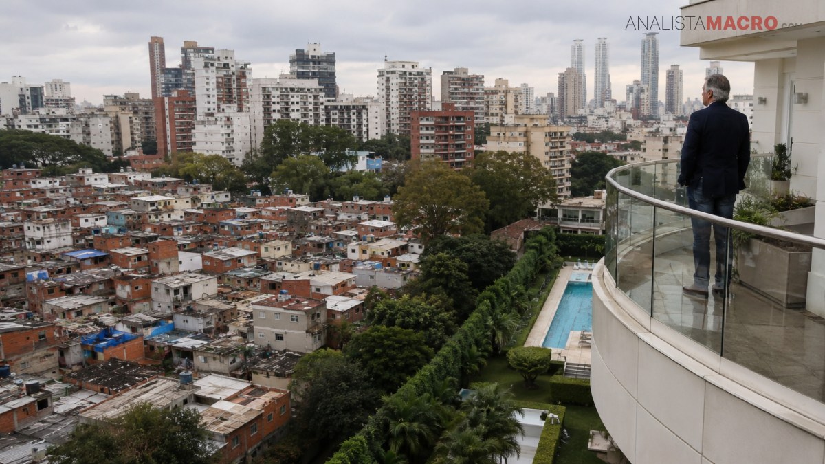 Persona observa desde un balcón una zona urbana densamente construida, con edificios altos, viviendas precarias y una piscina.
