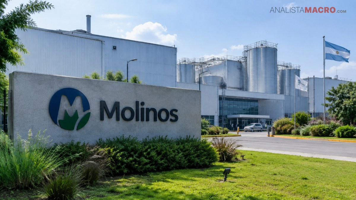 Cartel con el logo y la palabra “Molinos” junto a una planta industrial con tanques metálicos y bandera argentina.