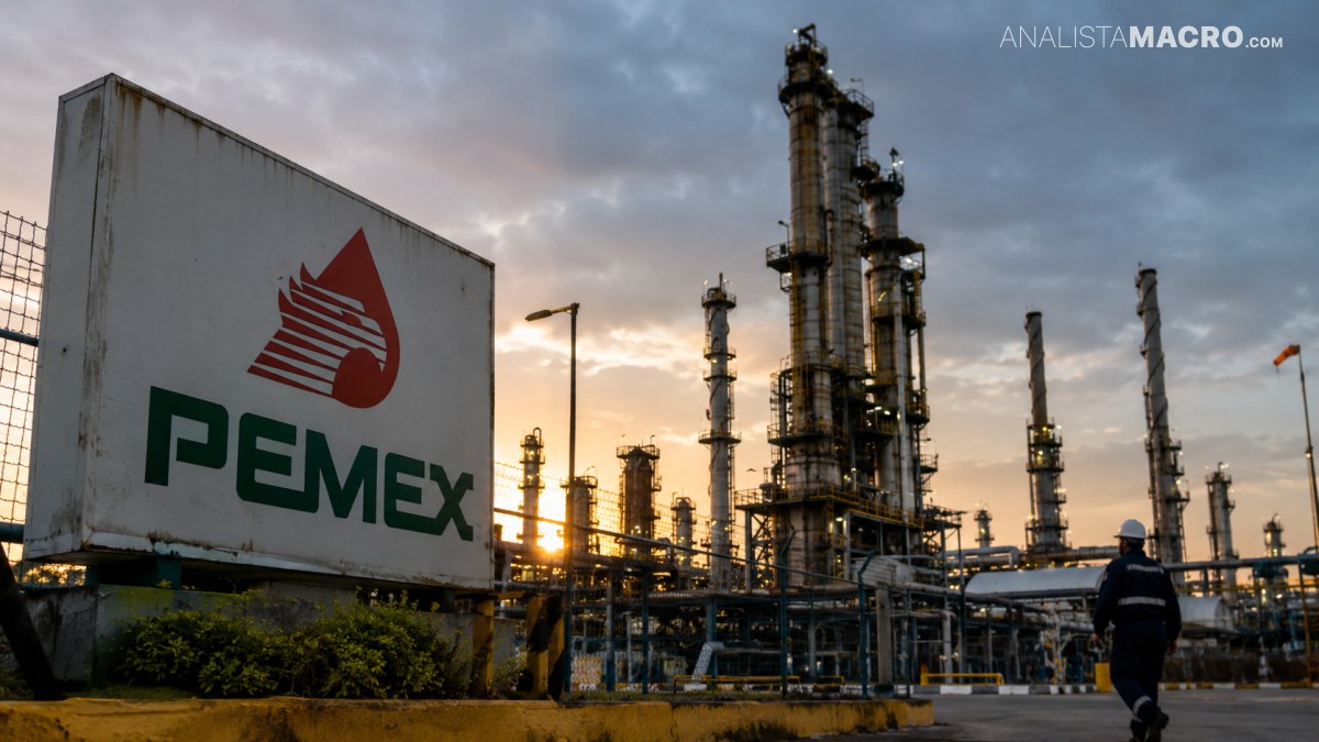 Letrero grande con el logo PEMEX y complejo industrial con columnas y tuberías al atardecer.