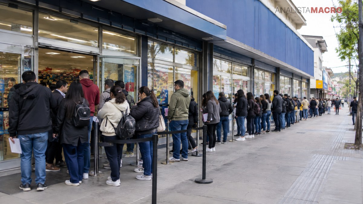 Personas hacen fila frente a un establecimiento comercial, junto a una acera amplia con árboles y edificios.