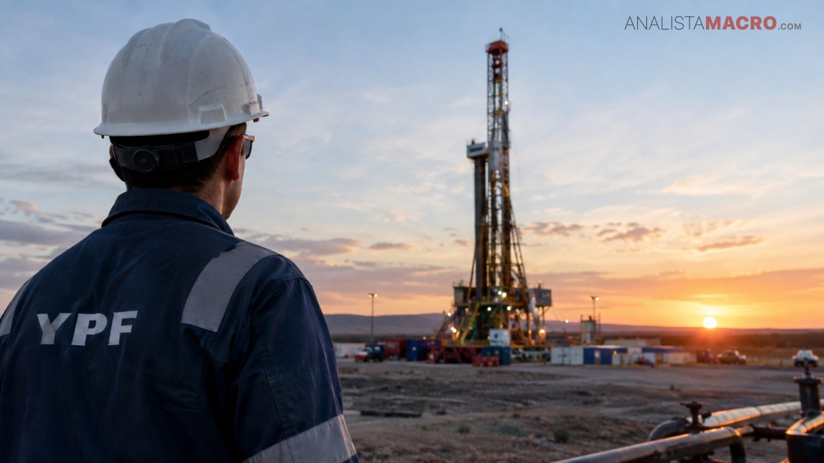 Trabajador con casco y uniforme YPF observa una torre de perforación petrolera durante el atardecer.