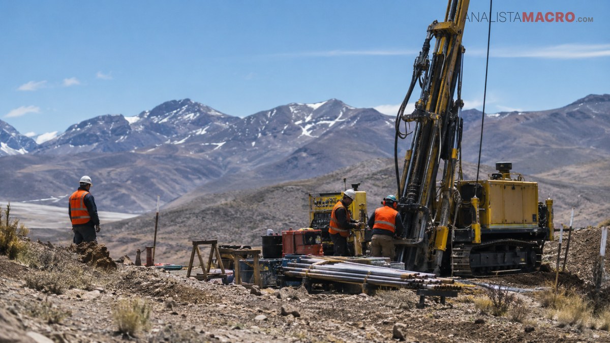 Trabajadores con chalecos naranjas operan una máquina de perforación junto a un vehículo amarillo en un terreno montañoso.