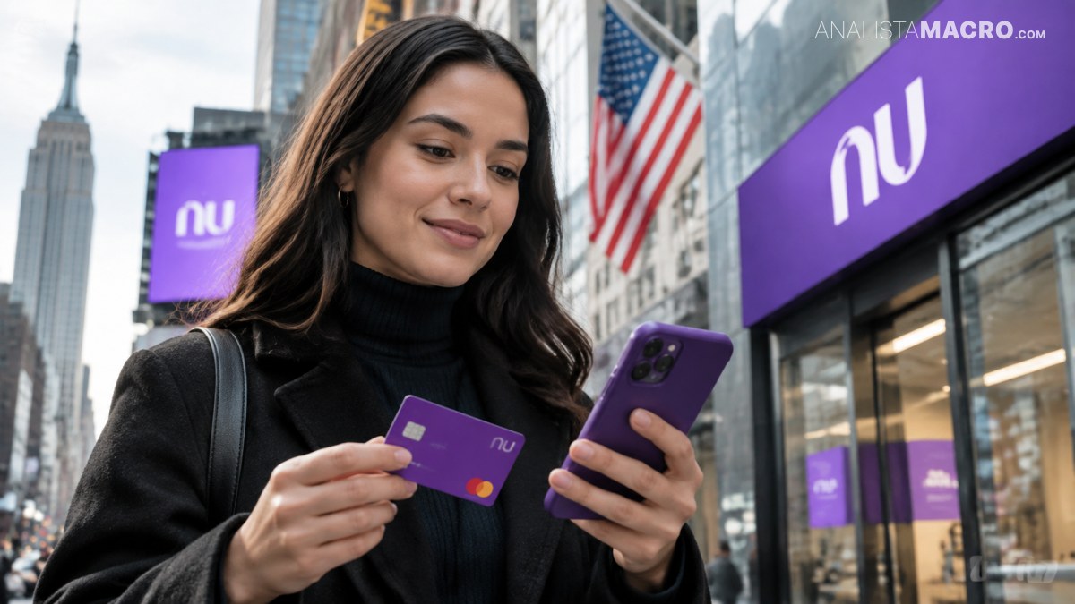 Mujer sonriente sostiene una tarjeta morada y un teléfono frente a un establecimiento morado, con rascacielos y banderas estadounidenses al fondo.