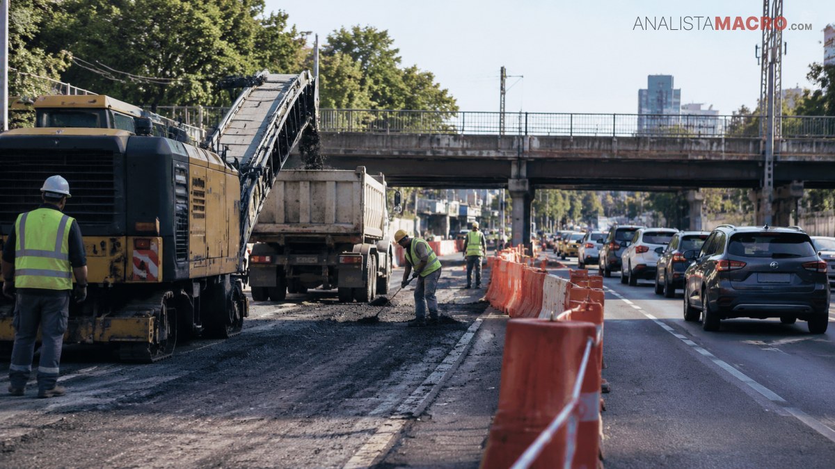 Trabajadores reparan una avenida con maquinaria y barreras naranjas, mientras varios vehículos circulan por los carriles contiguos.
