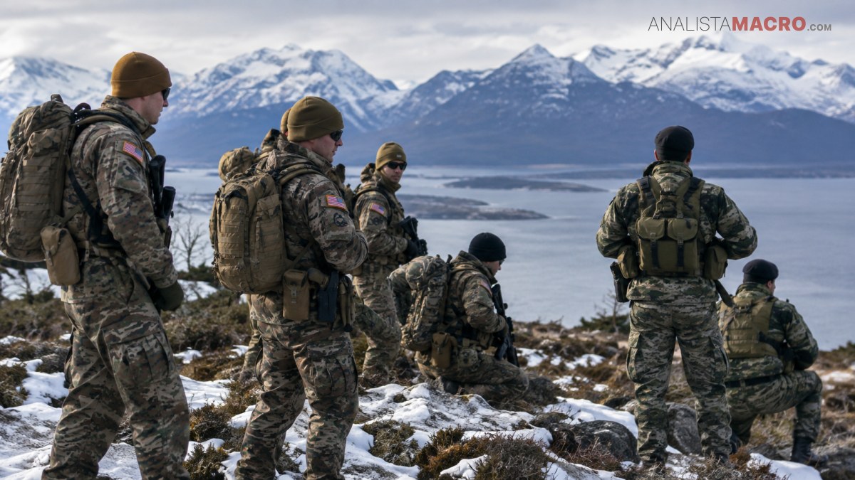 Seis soldados con uniformes de camuflaje y mochilas observan un lago rodeado de montañas nevadas desde un terreno rocoso.