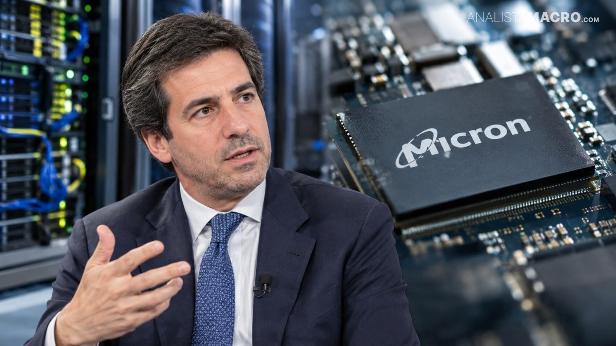 Hombre con traje y corbata gesticula frente a servidores, junto a un gran chip Micron sobre una placa electrónica.