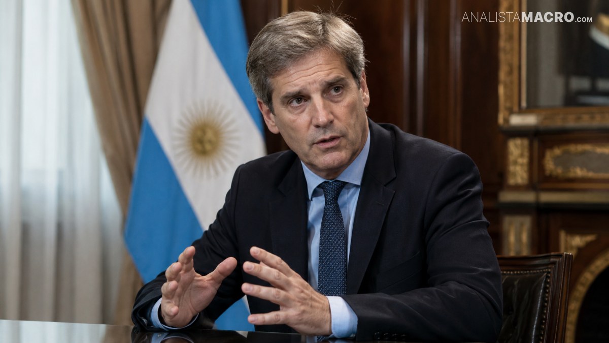 Hombre de traje oscuro sentado en una oficina, gesticulando con las manos frente a una bandera argentina.