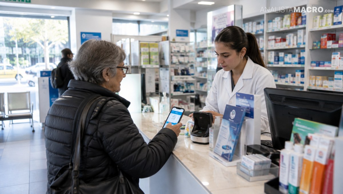 Una mujer atiende a una clienta en el mostrador de una farmacia, rodeadas de productos y equipos informáticos.