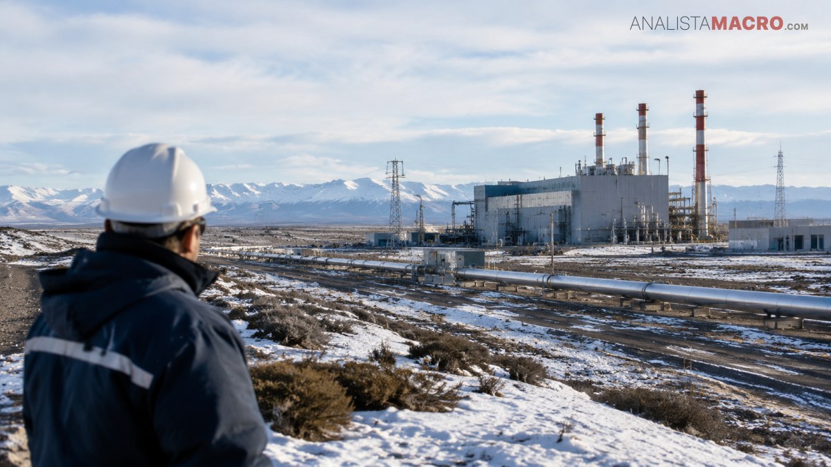 Trabajador con casco observa una planta industrial rodeada de nieve, tuberías y montañas bajo un cielo parcialmente nublado.
