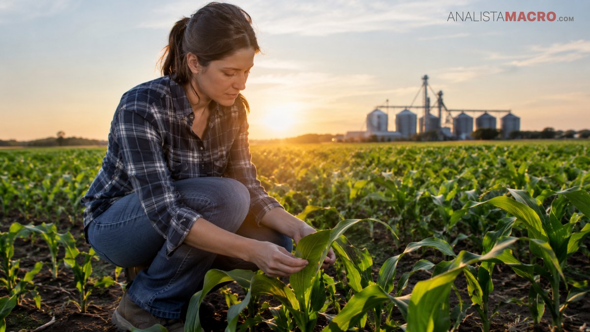 Mujer agachada examina una planta en un cultivo, con silos agrícolas al fondo durante el atardecer.