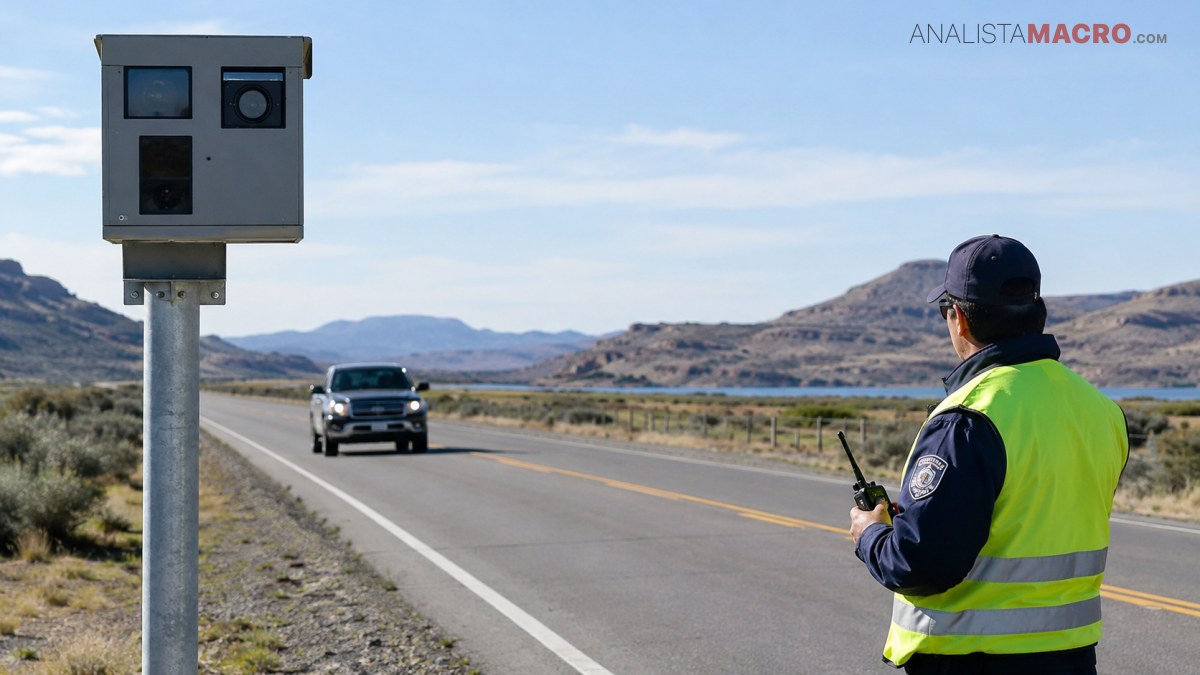 Un agente con chaleco reflectante sostiene una radio junto a un dispositivo de control, mientras un vehículo circula por la carretera.