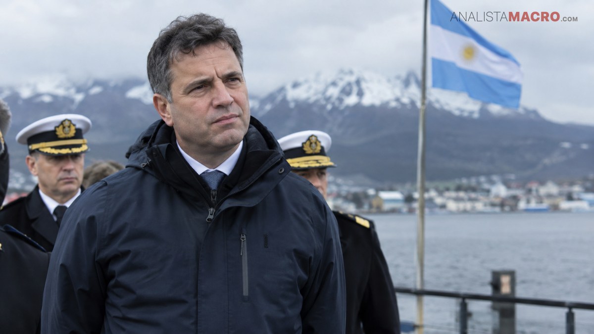 Hombre con abrigo oscuro junto a dos oficiales uniformados, una bandera argentina y montañas nevadas frente al agua.