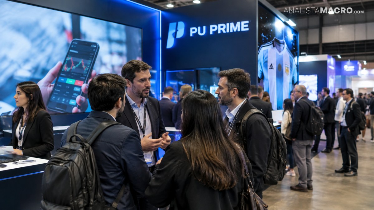 Varias personas conversan frente a un estand de PU Prime, con pantallas digitales y asistentes alrededor.