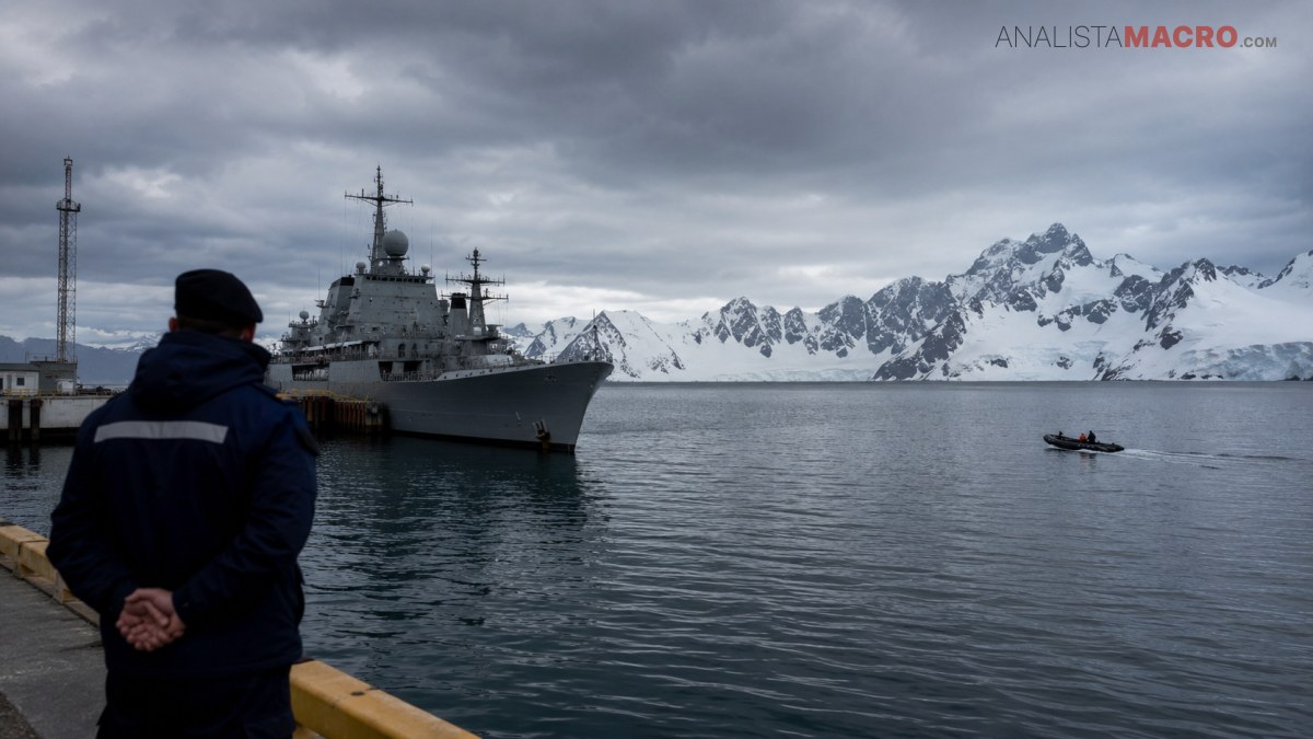 Persona con gorro oscuro observa un barco anclado y una pequeña embarcación frente a montañas nevadas.