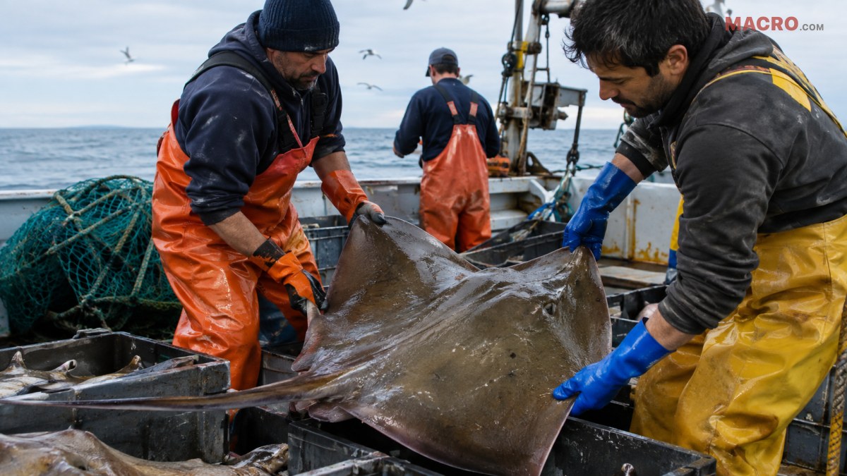 Tres pescadores con ropa impermeable manipulan una raya grande sobre la cubierta de un barco pesquero.
