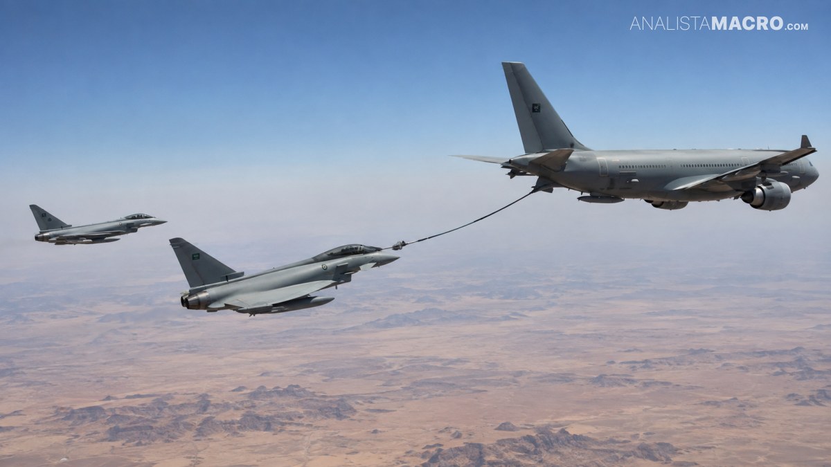 Tres aviones militares vuelan sobre un paisaje desértico; uno grande abastece combustible a otro mediante una manguera.