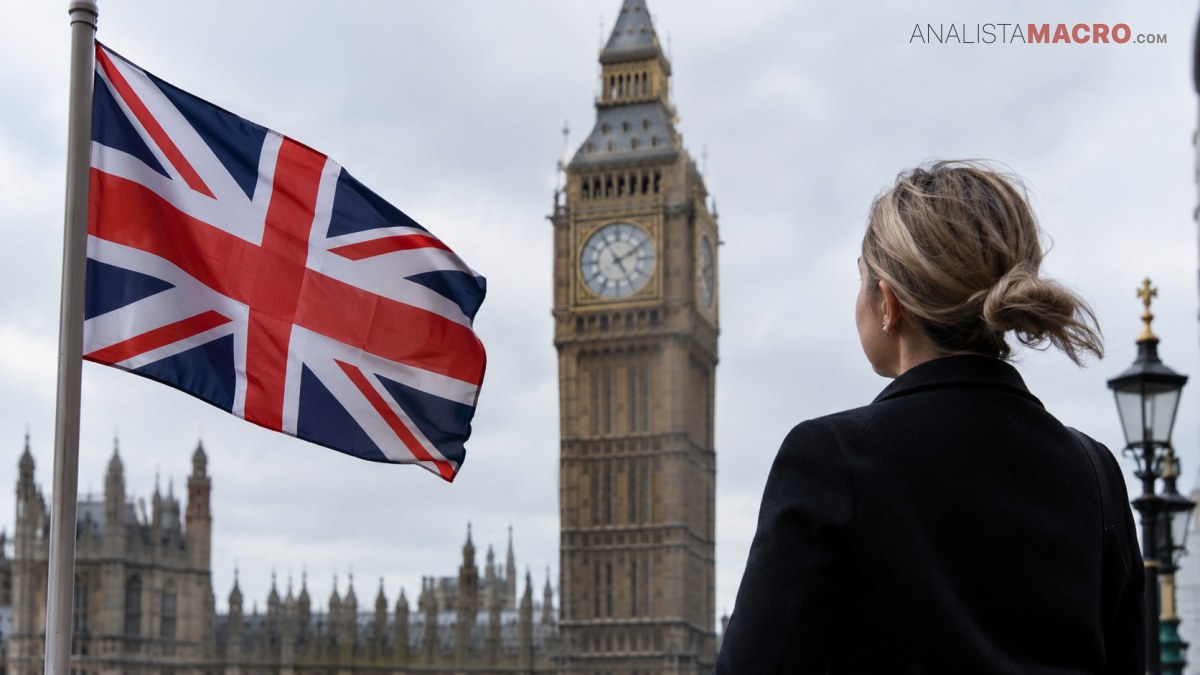 Una bandera británica ondea frente al Big Ben mientras una mujer observa el edificio desde atrás.