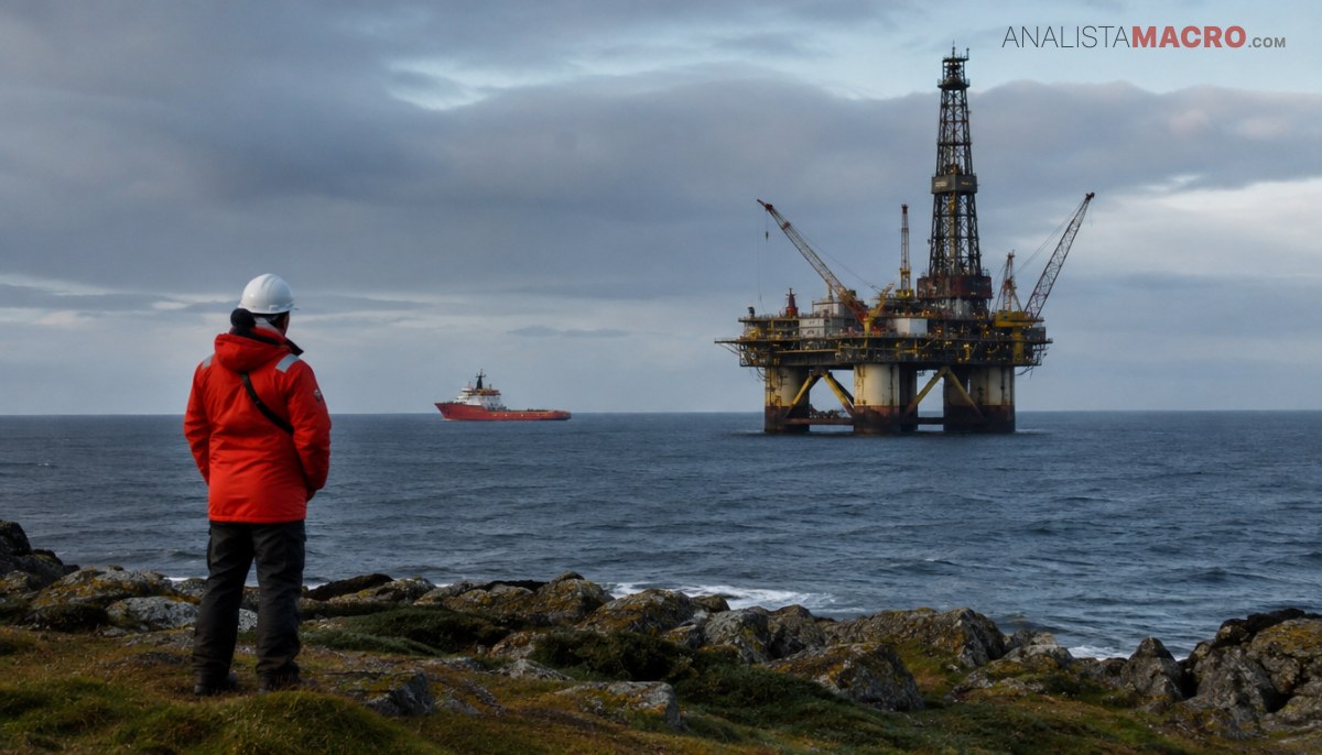 Persona con chaqueta roja observa una plataforma petrolera marina desde una costa rocosa, mientras un barco navega cerca bajo un cielo nublado.