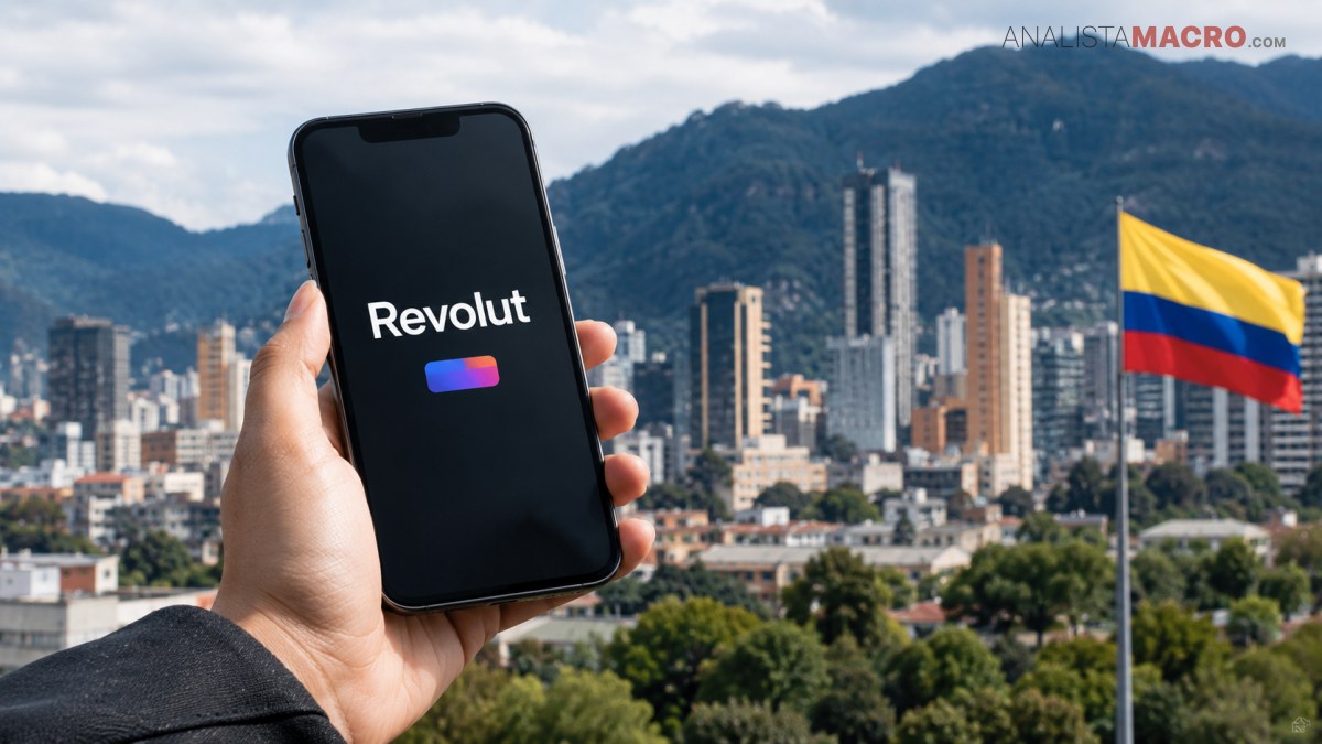 Una mano sostiene un teléfono con el logotipo de Revolut frente a edificios urbanos y una bandera colombiana.