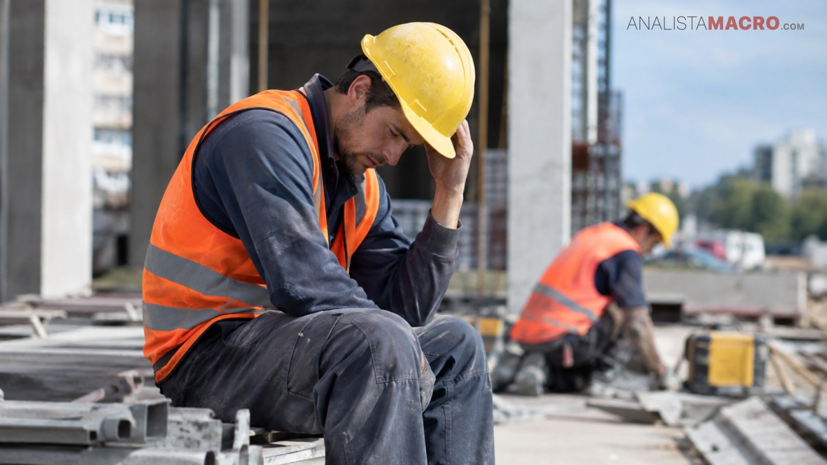 Trabajador de construcción sentado con casco amarillo y chaleco naranja, mientras otro trabajador realiza labores al fondo.