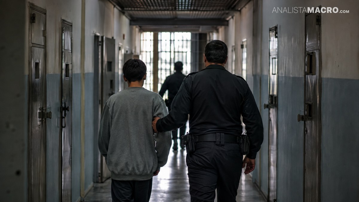 Un agente uniformado acompaña a una persona por el pasillo de un edificio con puertas metálicas.