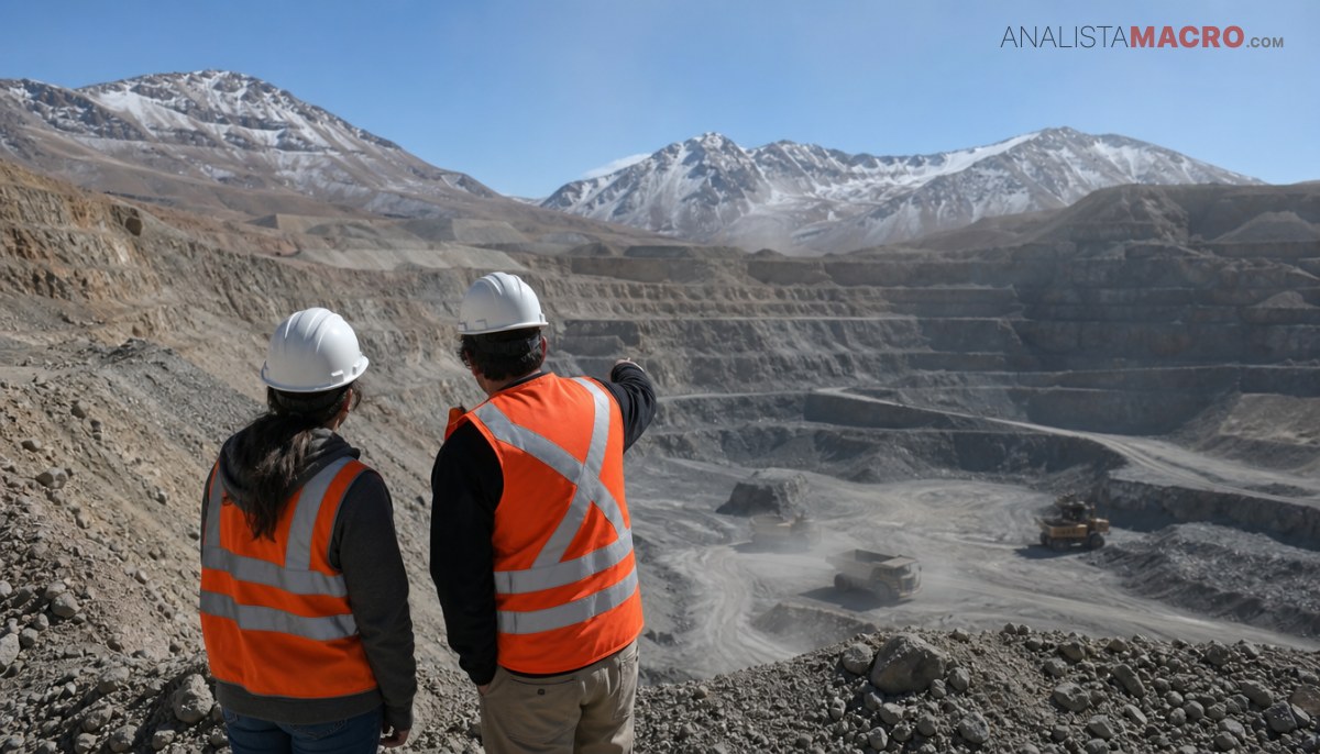 Dos trabajadores con cascos y chalecos reflectantes observan una mina a cielo abierto rodeada de montañas nevadas.